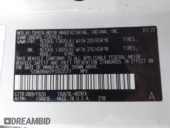 ✅ 2023 Toyota Highlander L • VIN: 5TDKDRAH7PS503571 • Lot: 43489134. Listed on IAAI with 41,530 mi. Free auction sales archive from the USA and detailed vehicle history report at DreamBid. Image 9.