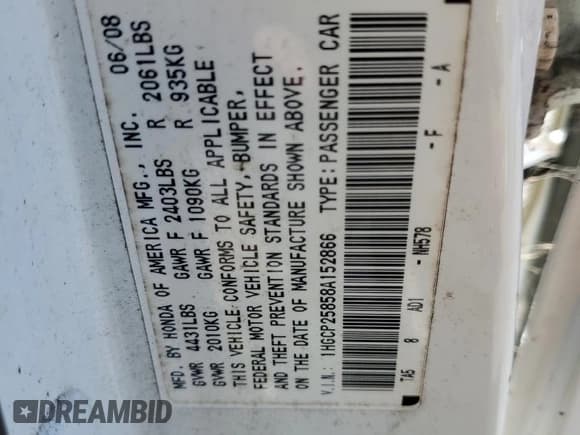 ✅ 2008 Honda Accord EX-L • VIN: 1HGCP25858A152866 • Lot: 71365875. Listed on Copart with 149,847 mi. Free auction sales archive from the USA and detailed vehicle history report at DreamBid. Image 12.