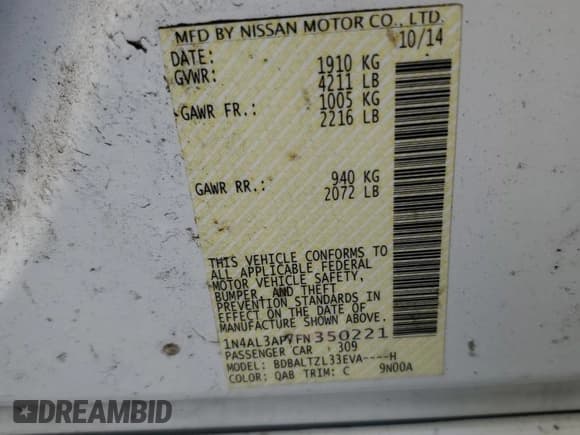 ✅ 2015 Nissan Altima S • VIN: 1N4AL3AP7FN350221 • Лот: 84028075. Опубликован ранее на Copart с пробегом 142 403 миль. Бесплатный доступ к архиву аукционных продаж из США и подробный отчёт об истории автомобиля на DreamBid. Изображение 13.