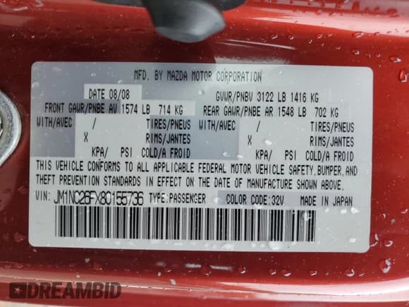 ✅ 2008 Mazda MX-5 Miata Grand Touring • VIN: JM1NC26FX80155736 • Lot: 85958515. Listed on Copart with 185,516 mi. Free auction sales archive from the USA and detailed vehicle history report at DreamBid. Image 12.