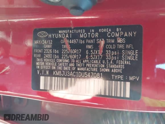 2013 Hyundai Tucson GLS с VIN KM8JU3AC1DU547081, выставлен на аукционе IAAI как лот 43605992 с пробегом 172 811 миль миль и . История ставок и продаж доступна на DreamBid. Изображение 9.