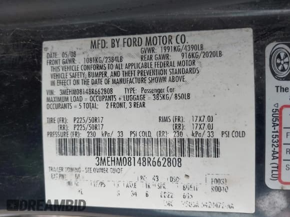 ✅ 2008 Mercury Milan Premier • VIN: 3MEHM08148R662808 • Lot: 42348431. Listed on IAAI with 221,808 mi. Free auction sales archive from the USA and detailed vehicle history report at DreamBid. Image 9.