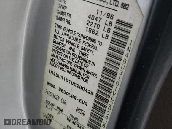 ✅ 1997 Nissan Altima XE • VIN: 1N4BU31D1VC200428 • Lot: 52252425. Listed on Copart with 173,553 mi. Free auction sales archive from the USA and detailed vehicle history report at DreamBid. Image 14.