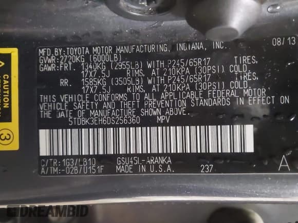 ✅ 2013 Toyota Highlander Plus • VIN: 5TDBK3EH6DS256360 • Лот: 43367765. Опубликован ранее на IAAI с пробегом 121 955 миль. Бесплатный доступ к архиву аукционных продаж из США и подробный отчёт об истории автомобиля на DreamBid. Изображение 9.