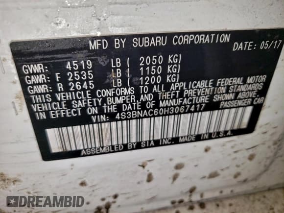 ✅ 2017 Subaru Legacy Premium • VIN: 4S3BNAC60H3067417 • Lot: 94711725. Listed on Copart with 81,460 mi. Free auction sales archive from the USA and detailed vehicle history report at DreamBid. Image 12.