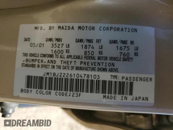 ✅ 2001 Mazda Protege DX • VIN: JM1BJ222610478103 • Лот: 61644785. Опубликован ранее на Copart с пробегом 64 094 миль. Бесплатный доступ к архиву аукционных продаж из США и подробный отчёт об истории автомобиля на DreamBid. Изображение 12.