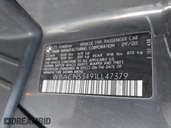 ✅ 2001 BMW Z3 3.0 • VIN: WBACN53491LL47379 • Lot: 40872263. Listed on IAAI with Not provided. Free auction sales archive from the USA and detailed vehicle history report at DreamBid. Image 9.