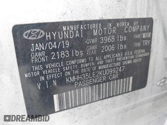 ✅ 2019 Hyundai Elantra • VIN: KMHH35LE2KU099247 • Lot: 43077370. Listed on IAAI with 58,795 mi. Free auction sales archive from the USA and detailed vehicle history report at DreamBid. Image 9.