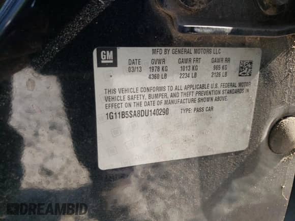 2013 Chevrolet Malibu LS with VIN 1G11B5SA8DU140290, listed as a Copart auction lot 80989045 with 150,200 mi miles and Non repairable. Bid and sale history available at DreamBid. Image 12.