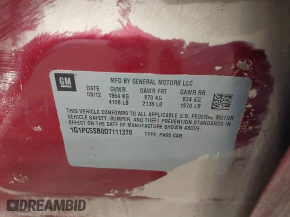 2013 Chevrolet Cruze 1LT with VIN 1G1PC5SB0D7111378, listed as a IAAI auction lot 43278091 with 171,876 mi miles and . Bid and sale history available at DreamBid. Image 9.