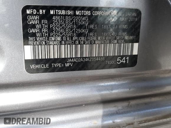 ✅ 2019 Mitsubishi Outlander ES • VIN: JA4AD2A34KZ054486 • Lot: 86989415. Listed on Copart with 57,064 mi. Free auction sales archive from the USA and detailed vehicle history report at DreamBid. Image 14.
