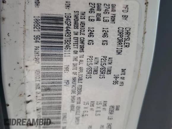 1996 Dodge Caravan SE с VIN 1B4GP44R9TB246111, выставлен на аукционе Copart как лот 49810925 с пробегом Не указан миль и Чистый • Clean title. История ставок и продаж доступна на DreamBid. Изображение 13.