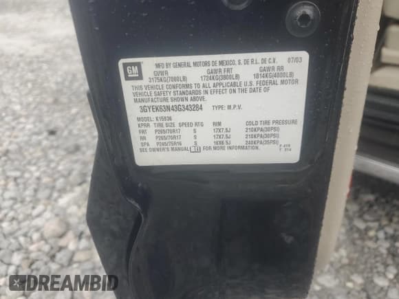 ✅ 2003 Cadillac Escalade EXT • VIN: 3GYEK63N43G343284 • Lot: 81773305. Listed on Copart with Not provided. Free auction sales archive from the USA and detailed vehicle history report at DreamBid. Image 13.