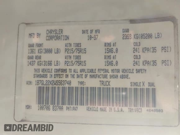 ✅ 1998 Dodge Dakota SLT • VIN: 1B7GL22X2WS563740 • Лот: 43560961. Опубликован ранее на IAAI с пробегом 135 459 миль. Бесплатный доступ к архиву аукционных продаж из США и подробный отчёт об истории автомобиля на DreamBid. Изображение 9.