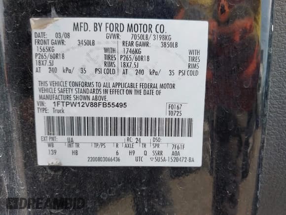 ✅ 2008 Ford F-150 XLT • VIN: 1FTPW12V88FB55495 • Lot: 42247811. Wystawiony na IAAI z przebiegiem 131 515 mil. Bezpłatny archiwum sprzedaży aukcyjnych z USA i szczegółowy raport historii pojazdu na DreamBid. Zdjęcie 9.