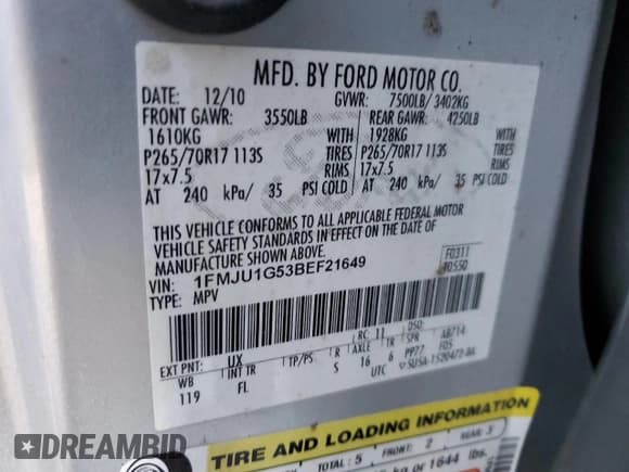 ✅ 2011 Ford Expedition XL • VIN: 1FMJU1G53BEF21649 • Lot: 84542364. Listed on Copart with 175,320 mi. Free auction sales archive from the USA and detailed vehicle history report at DreamBid. Image 15.