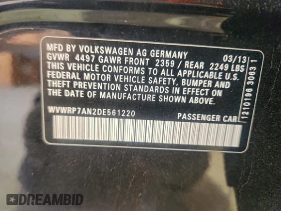 ✅ 2013 Volkswagen CC Lux • VIN: WVWRP7AN2DE561220 • Lot: 95969645. Listed on Copart with 115,382 mi. Free auction sales archive from the USA and detailed vehicle history report at DreamBid. Image 12.