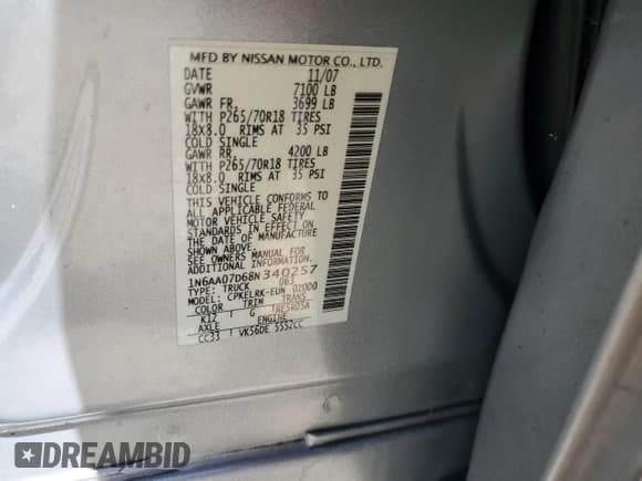 ✅ 2008 Nissan Titan XE • VIN: 1N6AA07D68N340257 • Лот: 67249865. Опубликован ранее на Copart с пробегом 206 622 миль. Бесплатный доступ к архиву аукционных продаж из США и подробный отчёт об истории автомобиля на DreamBid. Изображение 12.