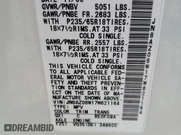 ✅ 2007 Nissan Murano S • VIN: JN8AZ08W17W621164 • Lot: 66770314. Wystawiony na Copart z przebiegiem 199 252 mil. Bezpłatny archiwum sprzedaży aukcyjnych z USA i szczegółowy raport historii pojazdu na DreamBid. Zdjęcie 15.