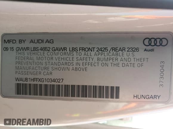 ✅ 2016 Audi S3 • VIN: WAUB1HFFXG1034027 • Lot: 53550555. Wystawiony na Copart z przebiegiem 146 663 mil. Bezpłatny archiwum sprzedaży aukcyjnych z USA i szczegółowy raport historii pojazdu na DreamBid. Zdjęcie 13.