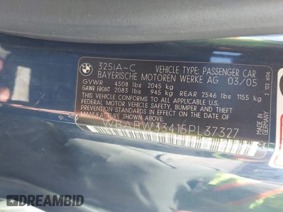 ✅ 2005 BMW 3 Series 325Ci • VIN: WBABW33415PL37327 • Lot: 41779835. Listed on IAAI with 93,473 mi. Free auction sales archive from the USA and detailed vehicle history report at DreamBid. Image 9.