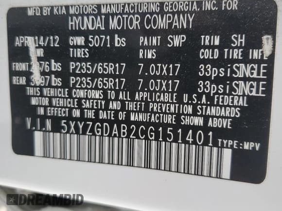 ✅ 2012 Hyundai Santa Fe GLS • VIN: 5XYZGDAB2CG151401 • Lot: 72714994. Listed on Copart with 123,518 mi. Free auction sales archive from the USA and detailed vehicle history report at DreamBid. Image 14.