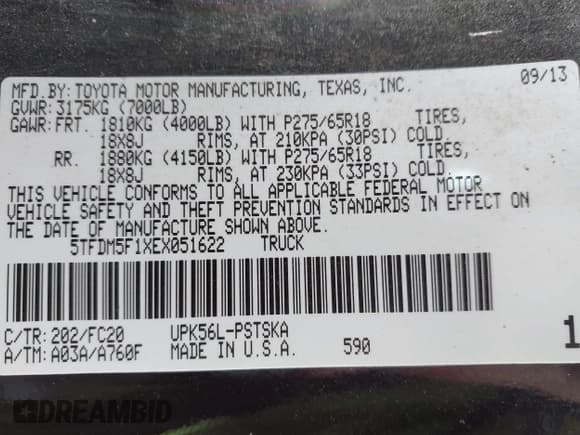 ✅ 2014 Toyota Tundra SR5 • VIN: 5TFDM5F1XEX051622 • Lot: 43419636. Listed on IAAI with 198,796 mi. Free auction sales archive from the USA and detailed vehicle history report at DreamBid. Image 9.