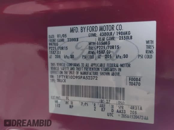 ✅ 2005 Ford Ranger XL • VIN: 1FTYR10D95PA52372 • Лот: 43780628. Опубликован ранее на IAAI с пробегом 144 482 миль. Бесплатный доступ к архиву аукционных продаж из США и подробный отчёт об истории автомобиля на DreamBid. Изображение 9.