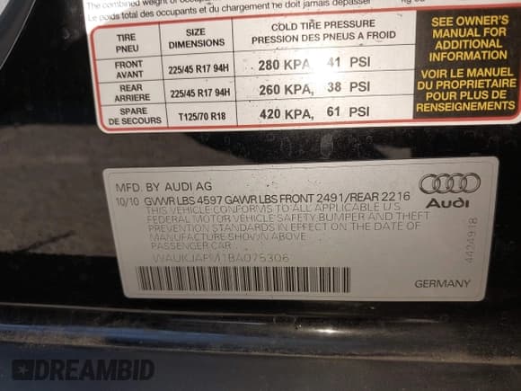 ✅ 2011 Audi A3 Premium Plus • VIN: WAUKJAFM1BA075306 • Lot: 43416890. Listed on IAAI with 114,916 mi. Free auction sales archive from the USA and detailed vehicle history report at DreamBid. Image 9.