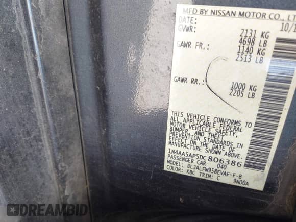 2013 Nissan Maxima SV с VIN 1N4AA5AP5DC806386, выставлен на аукционе IAAI как лот 43306127 с пробегом 154 970 миль миль и . История ставок и продаж доступна на DreamBid. Изображение 9.