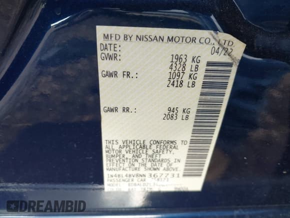 ✅ 2022 Nissan Altima S • VIN: 1N4BL4BV8NN367731 • Lot: 43453441. Wystawiony na IAAI z przebiegiem 122 015 mil. Bezpłatny archiwum sprzedaży aukcyjnych z USA i szczegółowy raport historii pojazdu na DreamBid. Zdjęcie 9.