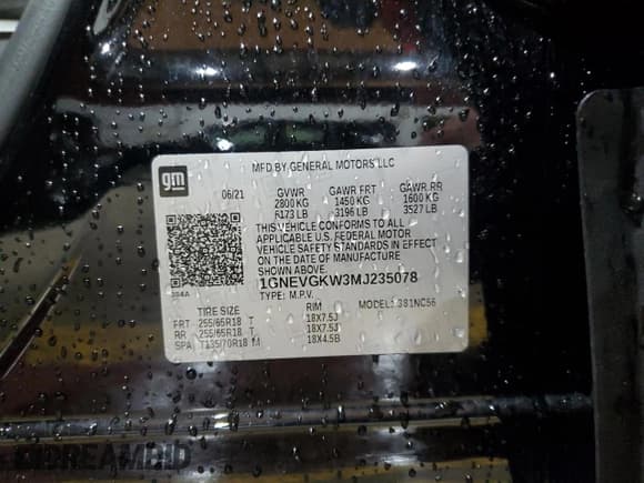 ✅ 2021 Chevrolet Traverse LT Cloth • VIN: 1GNEVGKW3MJ235078 • Lot: 90595675. Listed on Copart with 66,946 mi. Free auction sales archive from the USA and detailed vehicle history report at DreamBid. Image 13.