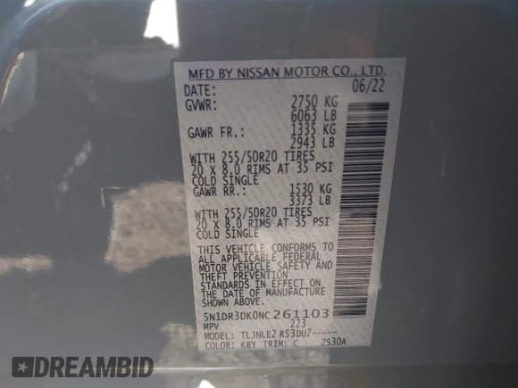 ✅ 2022 Nissan Pathfinder Platinum • VIN: 5N1DR3DK0NC261103 • Лот: 43603618. Опубликован ранее на IAAI с пробегом 41 864 миль. Бесплатный доступ к архиву аукционных продаж из США и подробный отчёт об истории автомобиля на DreamBid. Изображение 9.