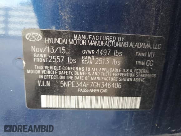 2016 Hyundai Sonata Sport with VIN 5NPE34AF7GH346406, listed as a Copart auction lot 90346735 with 83,777 mi miles and Salvage title. Bid and sale history available at DreamBid. Image 12.