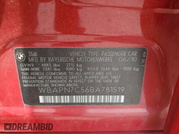 ✅ 2011 BMW 3 Series 335d • VIN: WBAPN7C56BA781519 • Lot: 56728805. Listed on Copart with 200,727 mi. Free auction sales archive from the USA and detailed vehicle history report at DreamBid. Image 12.