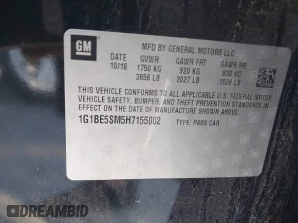 2017 Chevrolet Cruze LT with VIN 1G1BE5SM5H7155002, listed as a IAAI auction lot 43470838 with 122,761 mi miles and . Bid and sale history available at DreamBid. Image 9.