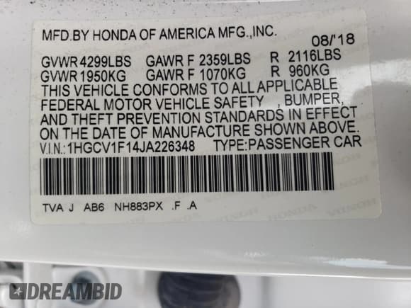 ✅ 2018 Honda Accord LX • VIN: 1HGCV1F14JA226348 • Lot: 62111935. Listed on Copart with 123,488 mi. Free auction sales archive from the USA and detailed vehicle history report at DreamBid. Image 12.