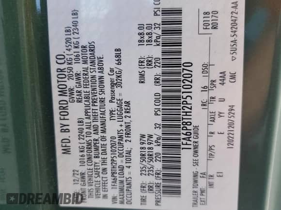 2023 Ford Mustang EcoBoost with VIN 1FA6P8TH2P5102070, listed as a Copart auction lot 80559365 with 35,630 mi miles and Salvage title. Bid and sale history available at DreamBid. Image 12.