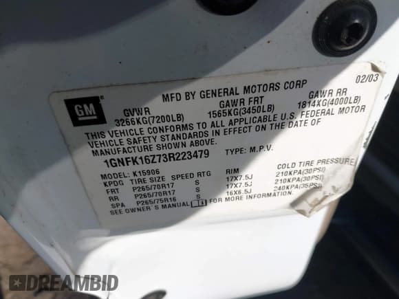 ✅ 2003 Chevrolet Suburban LT • VIN: 1GNFK16Z73R223479 • Лот: 43026242. Опубликован ранее на IAAI с пробегом 167 732 миль. Бесплатный доступ к архиву аукционных продаж из США и подробный отчёт об истории автомобиля на DreamBid. Изображение 9.