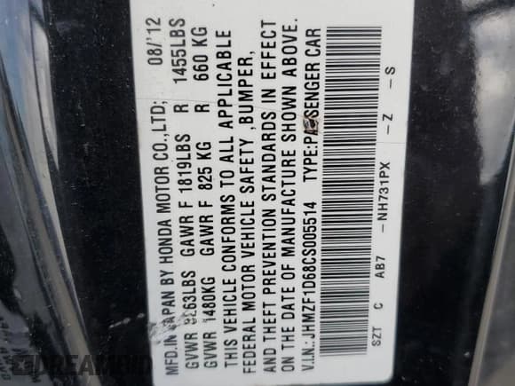 ✅ 2012 Honda CR-Z EX • VIN: JHMZF1D68CS005514 • Lot: 91644515. Listed on Copart with 158,965 mi. Free auction sales archive from the USA and detailed vehicle history report at DreamBid. Image 12.