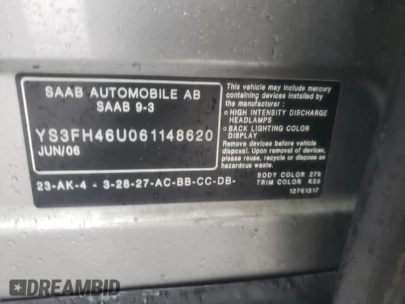 ✅ 2006 Saab 9-3 Aero • VIN: YS3FH46U061148620 • Лот: 44579345. Опубликован ранее на Copart с пробегом 141 729 миль. Бесплатный доступ к архиву аукционных продаж из США и подробный отчёт об истории автомобиля на DreamBid. Изображение 12.