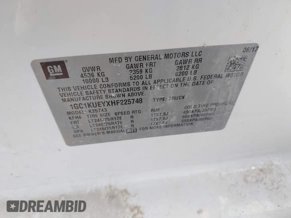 ✅ 2017 Chevrolet Silverado 2500HD Work Truck • VIN: 1GC1KUEYXHF225748 • Lot: 42691810. Listed on IAAI with 119,151 mi. Free auction sales archive from the USA and detailed vehicle history report at DreamBid. Image 9.