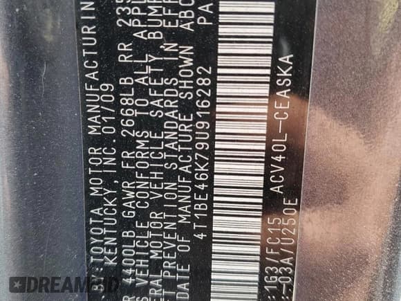 ✅ 2009 Toyota Camry SE • VIN: 4T1BE46K79U916282 • Lot: 84781295. Listed on Copart with 176,697 mi. Free auction sales archive from the USA and detailed vehicle history report at DreamBid. Image 13.