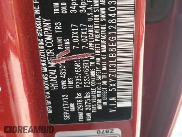 ✅ 2014 Hyundai Santa Fe • VIN: 5XYZU3LB8EG128403 • Лот: 68531525. Опубликован ранее на Copart с пробегом 85 910 миль. Бесплатный доступ к архиву аукционных продаж из США и подробный отчёт об истории автомобиля на DreamBid. Изображение 14.