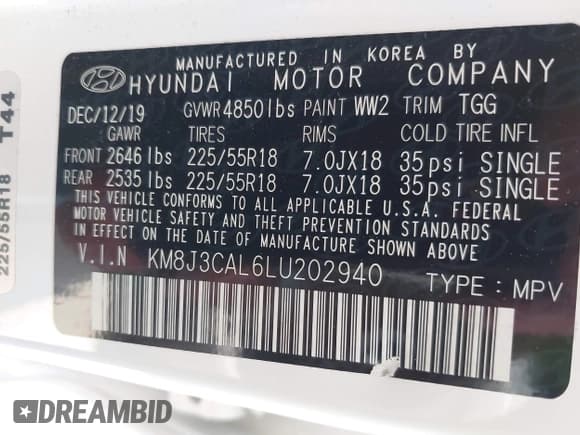 ✅ 2020 Hyundai Tucson Ultimate • VIN: KM8J3CAL6LU202940 • Lot: 42536050. Listed on IAAI with 96,942 mi. Free auction sales archive from the USA and detailed vehicle history report at DreamBid. Image 9.
