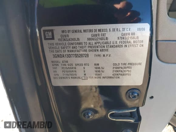 ✅ 2007 Chevrolet HHR LS • VIN: 3GNDA13D77S528728 • Lot: 41210399. Listed on IAAI with 270,157 mi. Free auction sales archive from the USA and detailed vehicle history report at DreamBid. Image 9.