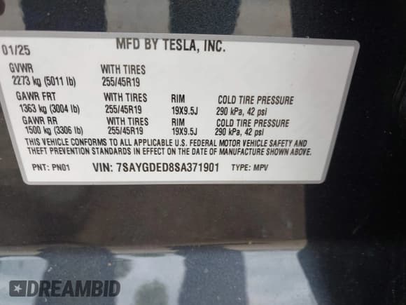 ✅ 2025 Tesla Model Y Long Range • VIN: 7SAYGDED8SA371901 • Lot: 42731462. Listed on IAAI with 5,019 mi. Free auction sales archive from the USA and detailed vehicle history report at DreamBid. Image 9.