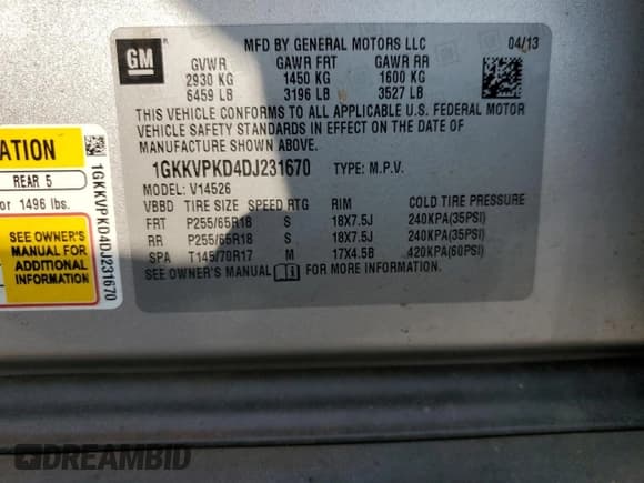 ✅ 2013 GMC Acadia SLE • VIN: 1GKKVPKD4DJ231670 • Lot: 65046815. Wystawiony na Copart z przebiegiem 187 526 mil. Bezpłatny archiwum sprzedaży aukcyjnych z USA i szczegółowy raport historii pojazdu na DreamBid. Zdjęcie 13.