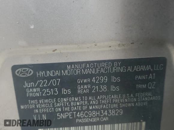 ✅ 2008 Hyundai Sonata GLS • VIN: 5NPET46C98H343829 • Лот: 73824904. Опубликован ранее на Copart с пробегом Не указан. Бесплатный доступ к архиву аукционных продаж из США и подробный отчёт об истории автомобиля на DreamBid. Изображение 13.