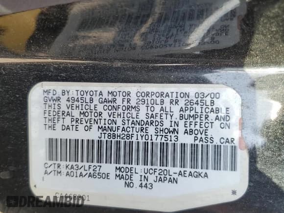 ✅ 2000 Lexus LS 400 • VIN: JT8BH28F1Y0177513 • Лот: 85938355. Опубликован ранее на Copart с пробегом 217 263 миль. Бесплатный доступ к архиву аукционных продаж из США и подробный отчёт об истории автомобиля на DreamBid. Изображение 12.